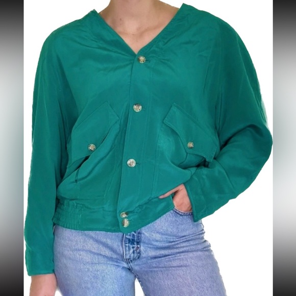 Vintage Jackets & Coats Vintage 8s 90s Silk Green Bomber Jacket Top